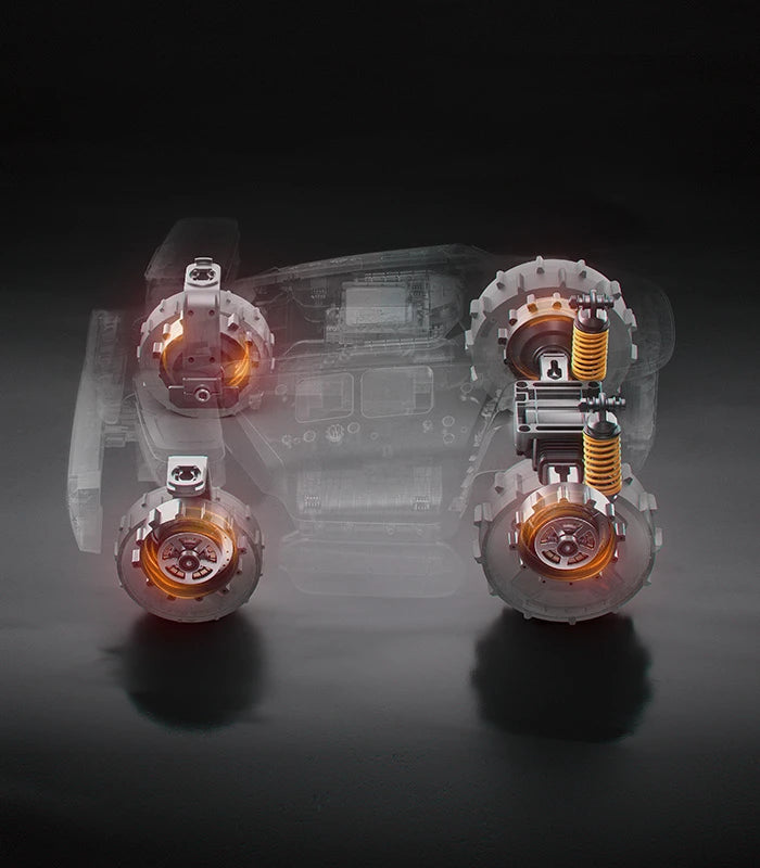 Cutaway view of the RockMow Z1 robotic lawn mower showing its four-wheel drive system and independent suspension.
