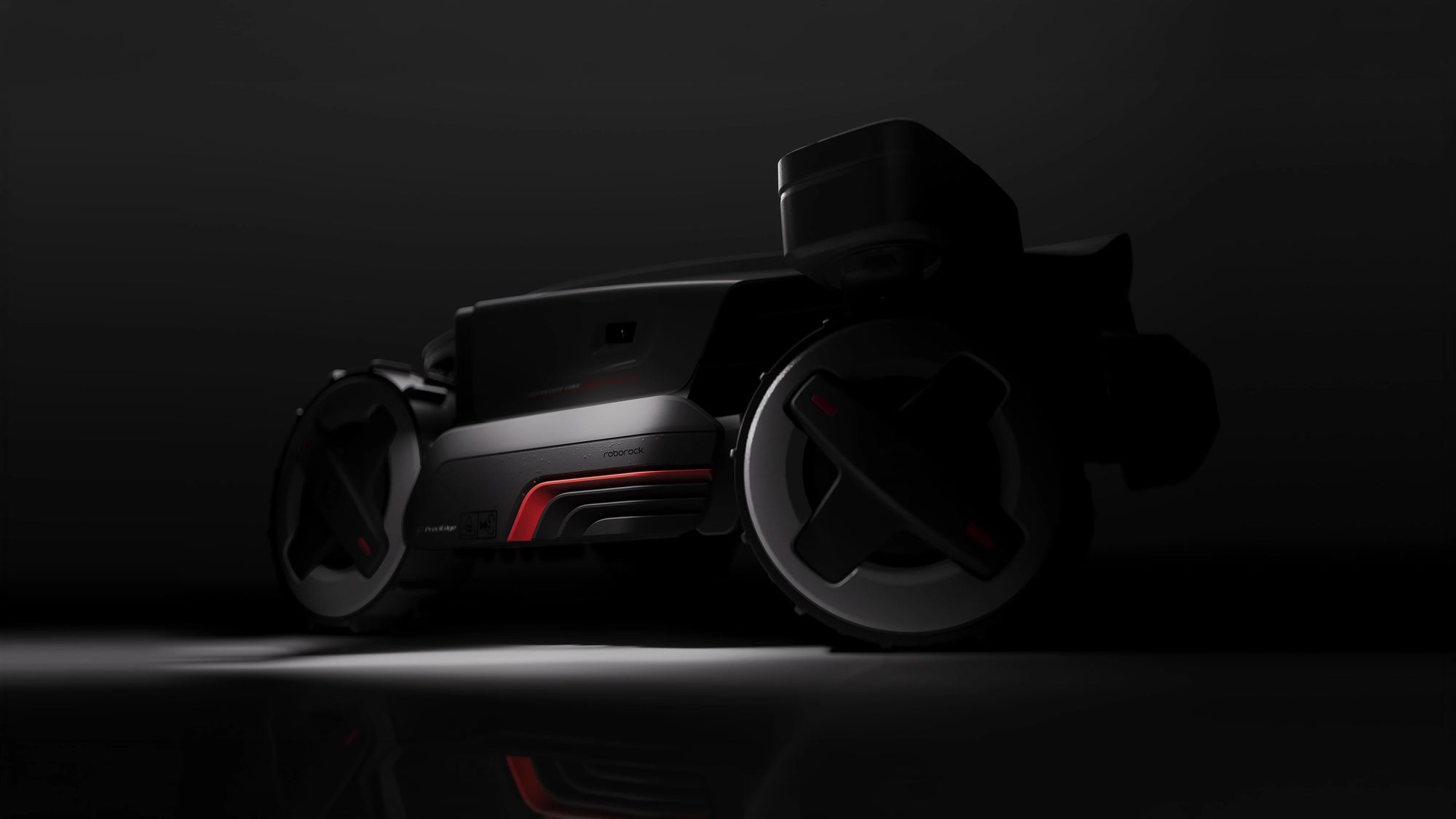 Side profile of the RockMow Z1 robotic lawn mower highlighting its large wheels and rugged four-wheel-drive design.