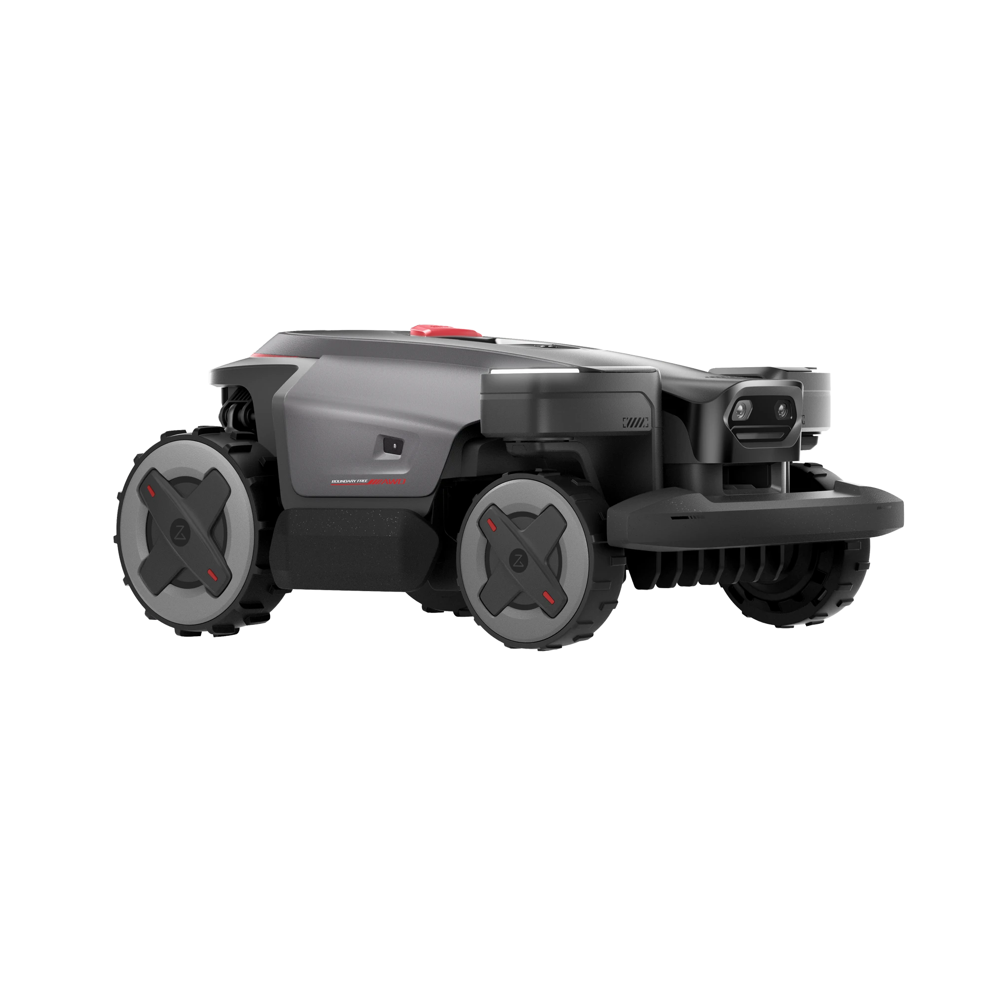 Side view of the RockMow Z1 robotic lawn mower showing four-wheel drive wheels, front bumper and obstacle detection sensors