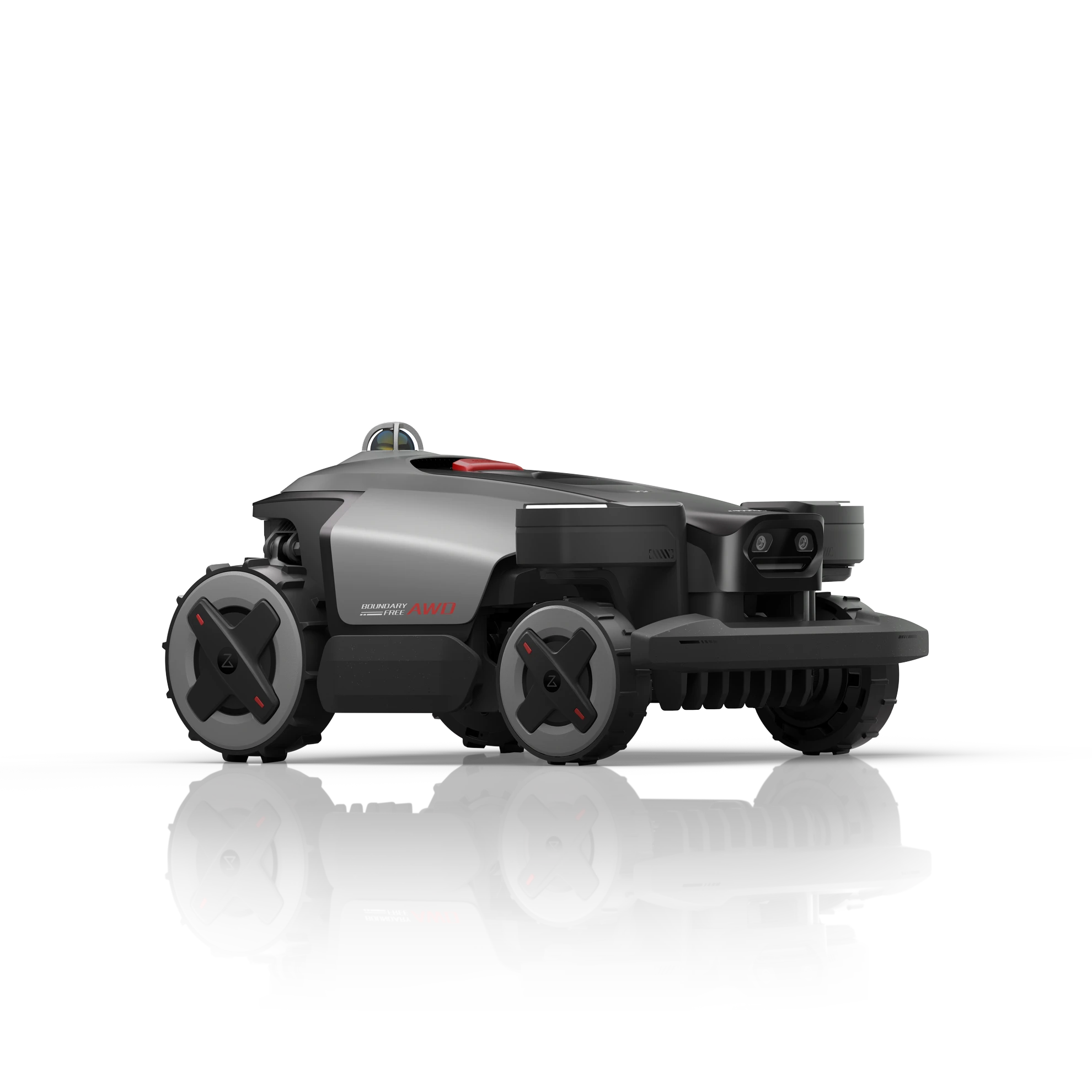 Side view of the RockMow Z1 LiDAR robotic lawn mower showing four-wheel drive wheels, front bumper and LiDAR navigation sensor
