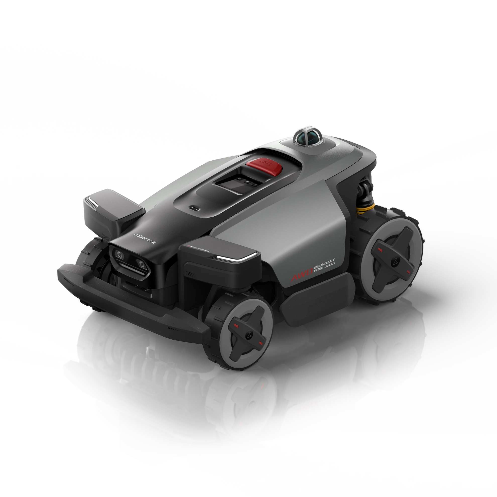 Front angle view of the RockMow Z1 LiDAR robotic lawn mower showing four-wheel drive wheels, front bumper and rear LiDAR navigation sensor
