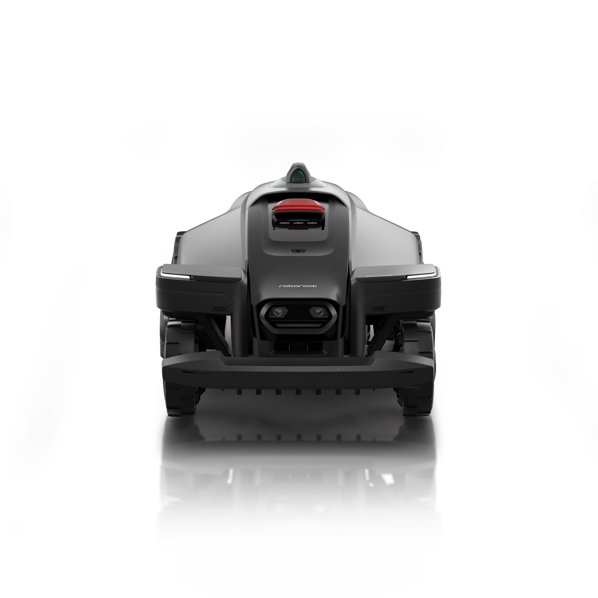 Front view of the RockMow Z1 LiDAR robotic lawn mower showing obstacle detection sensors, front bumper and rear LiDAR navigation sensor