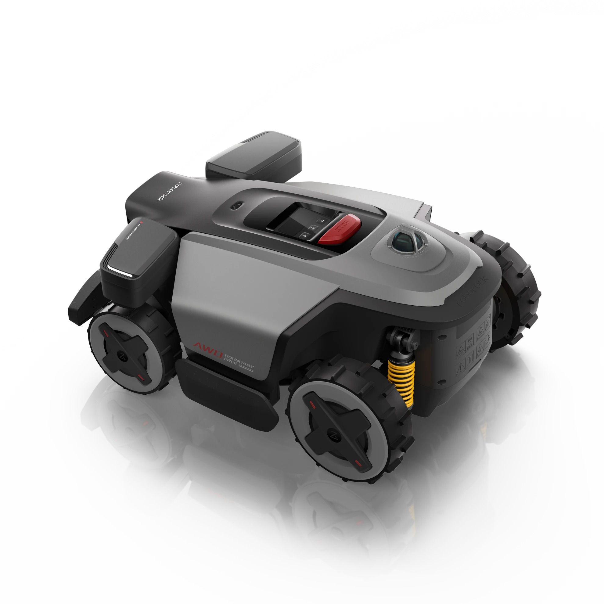 Rear angle view of the RockMow Z1 LiDAR robotic lawn mower showing four-wheel drive wheels, suspension and rear LiDAR navigation sensor
