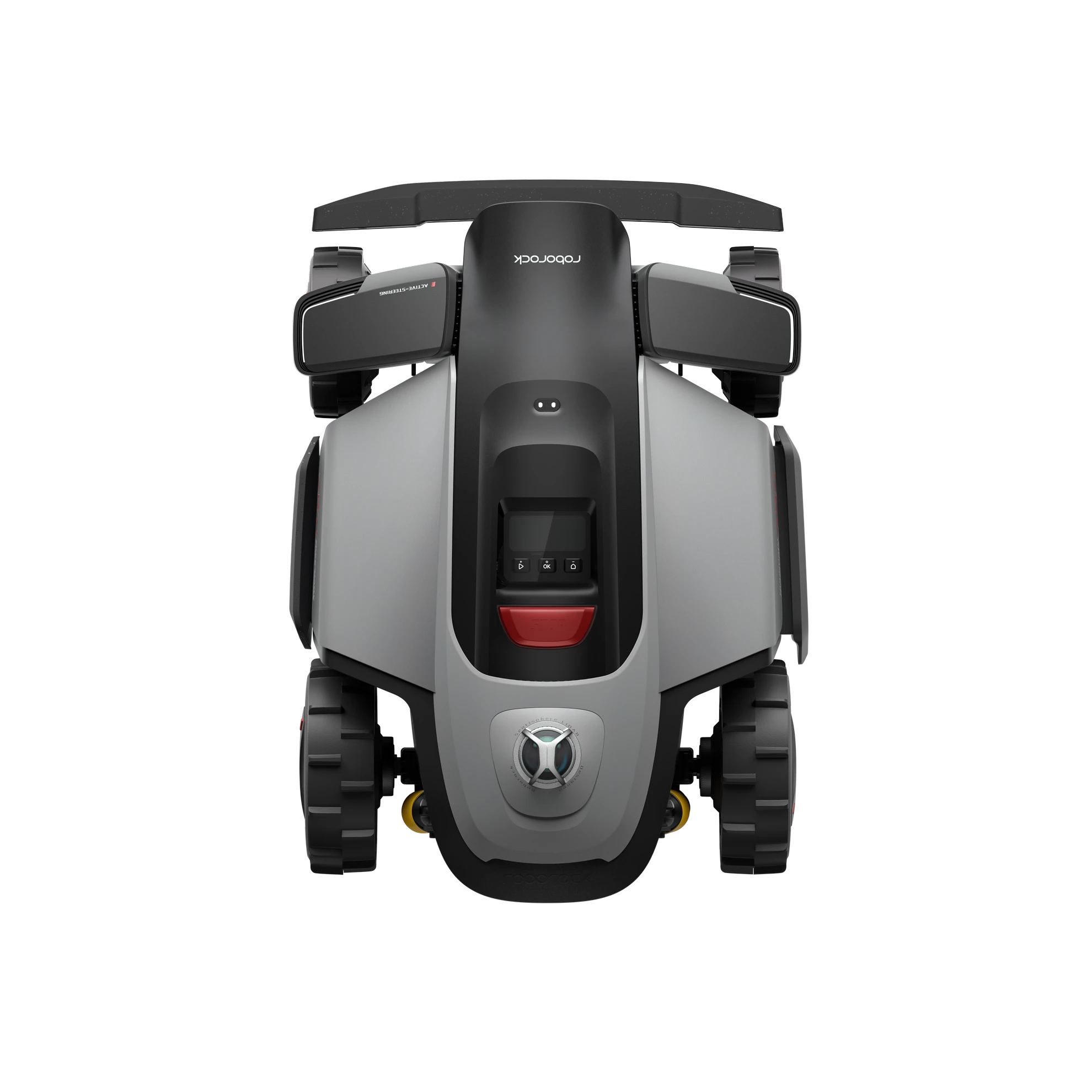 Top view of the RockMow Z1 LiDAR robotic lawn mower showing the control panel, four-wheel drive wheels and rear LiDAR navigation sensor