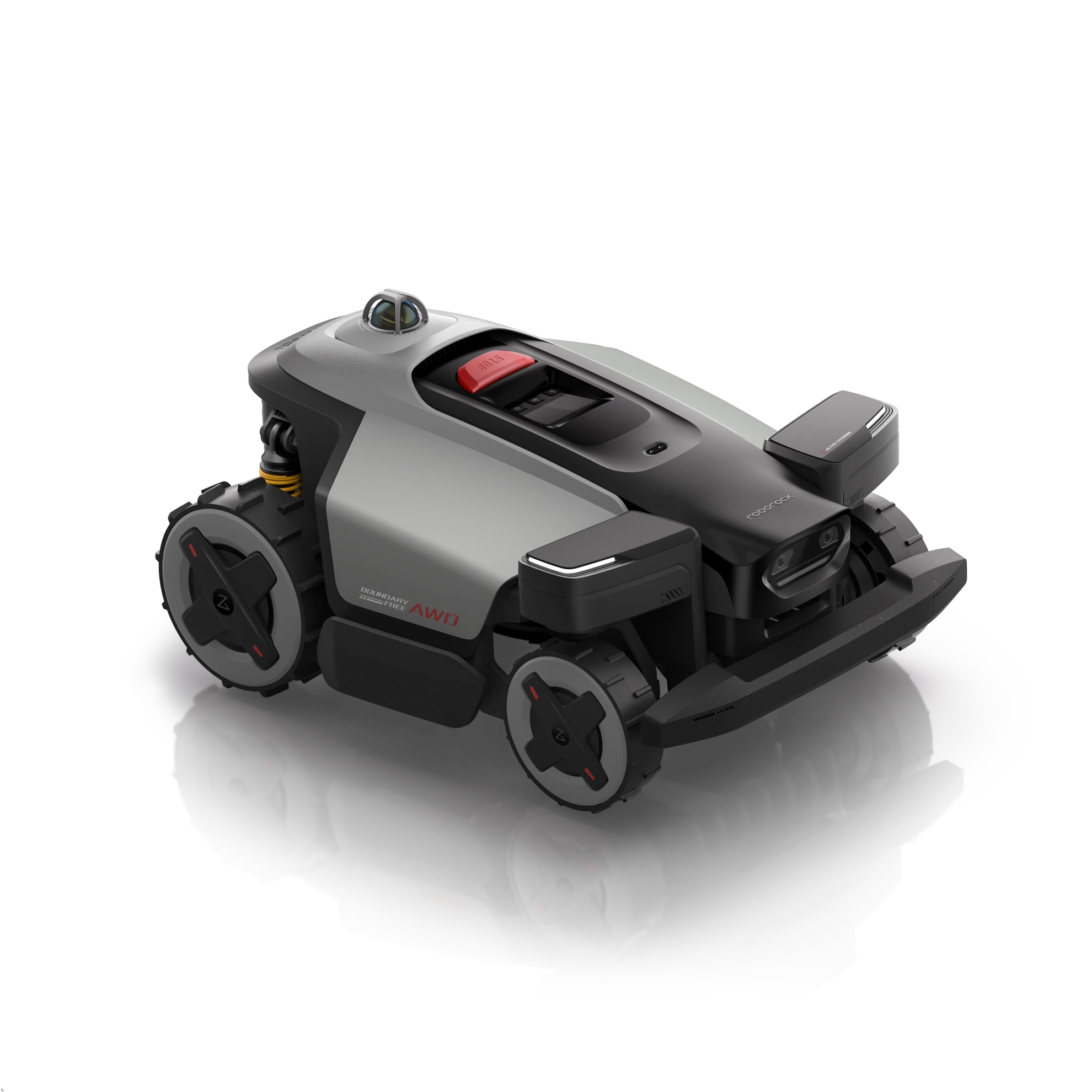 Front angle view of the RockMow Z1 LiDAR robotic lawn mower showing four-wheel drive wheels, front bumper and LiDAR navigation sensor