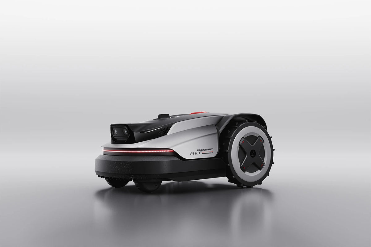 RockNeo robotic lawn mower with obstacle detection sensor and low-profile cutting design