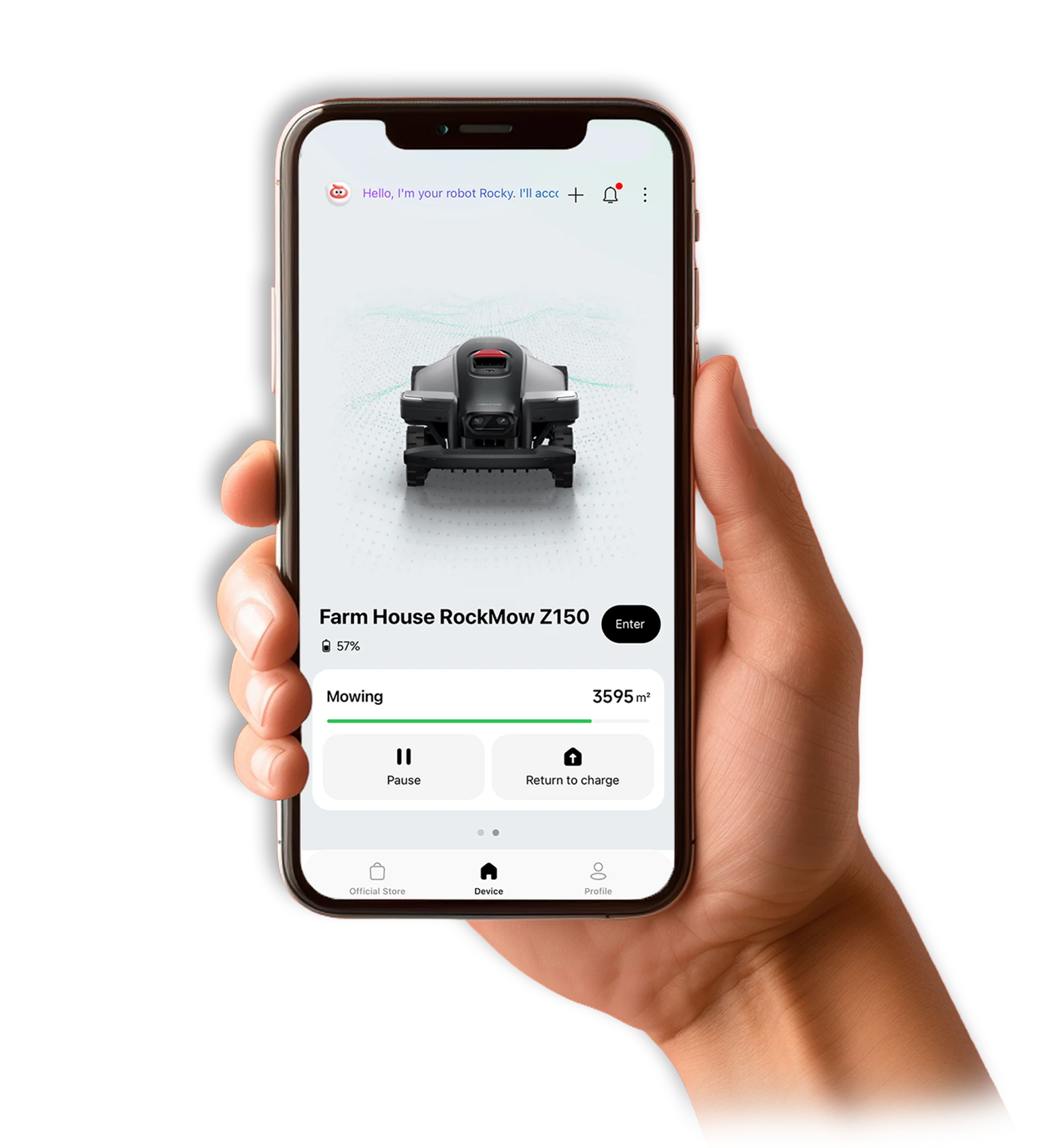 Hand holding a phone showing the mower app