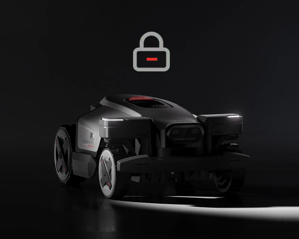 RockMow Z1 robotic lawn mower with a lock symbol highlighting its built-in anti-theft security.