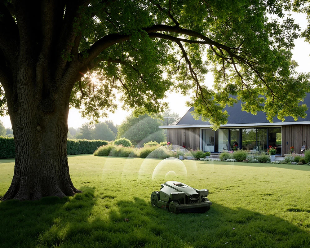 RockMow Z1 robot lawn mower navigating beneath a large tree in a shaded garden.