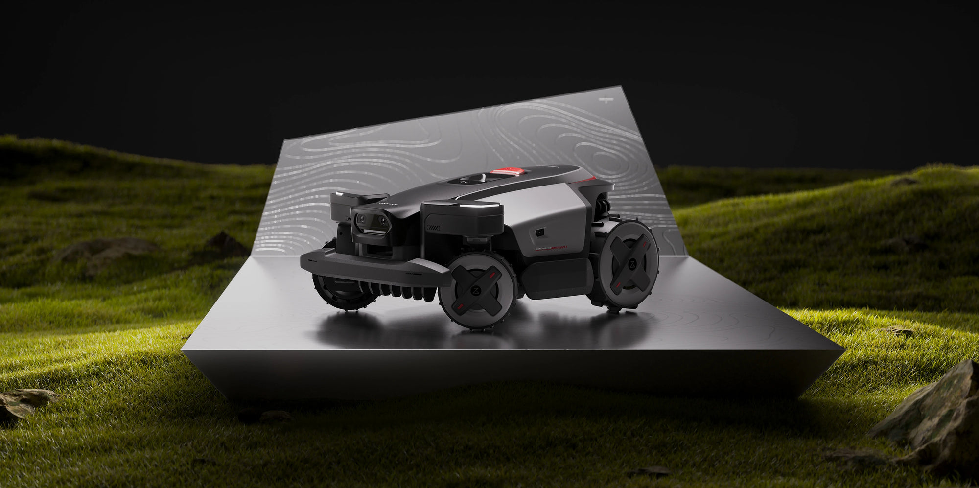RockMow Z1 robot mower displayed on a platform surrounded by rugged grassy terrain.
