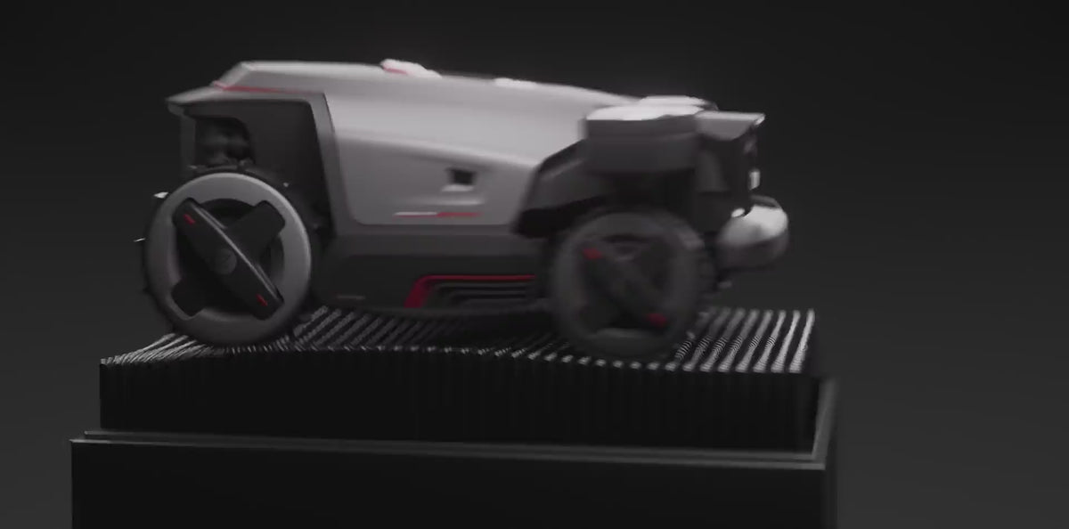 RockMow Z1 robot lawn mower demonstrating its independent suspension across uneven terrain.