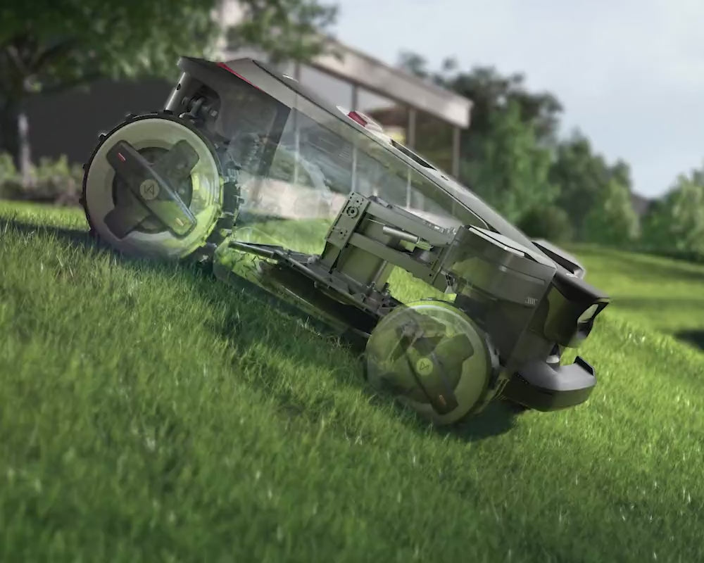 RockMow Z1 robot mower demonstrating its floating cutting deck across uneven ground.